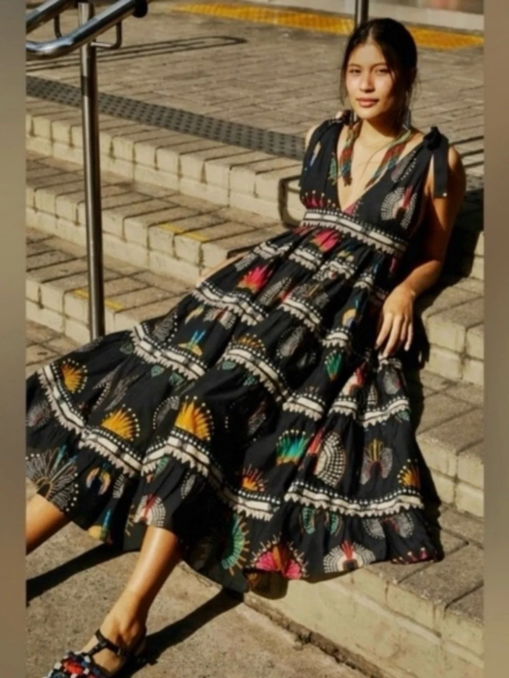 Farm Rio Sz S Boho Tiered Black Maxi Dress w Colorful Floral Embroidered Motif